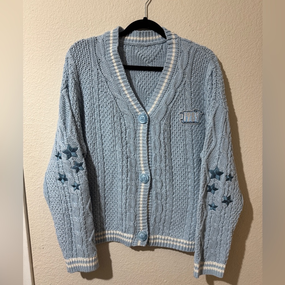 Taylor’s Version 1989 Blue 3 Button Embroidered Cardigan Sweater Stripe Stars
